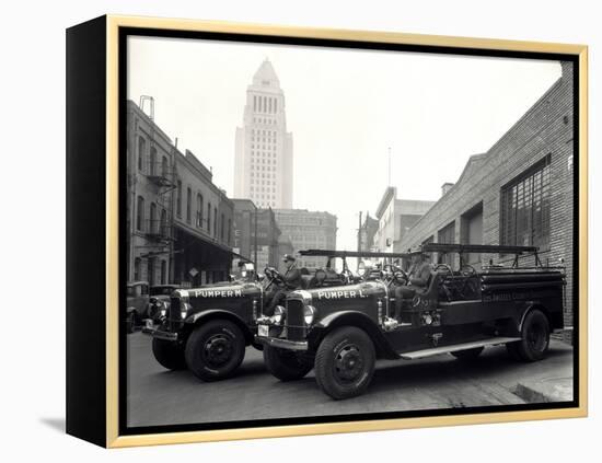 1920s-1930s Two Fire Trucks with Los Angeles City Hall California-null-Framed Premier Image Canvas