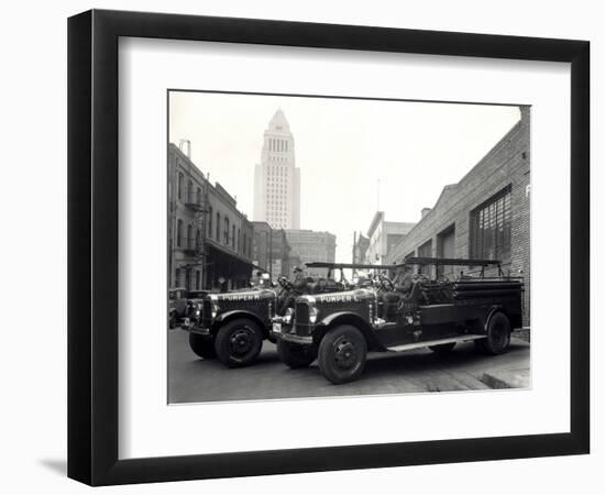 1920s-1930s Two Fire Trucks with Los Angeles City Hall California-null-Framed Photographic Print