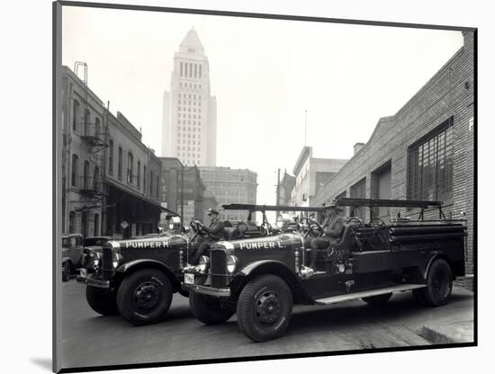 1920s-1930s Two Fire Trucks with Los Angeles City Hall California-null-Mounted Photographic Print