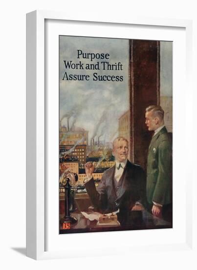 1920s American Banking Poster, Purpose, Work and Thrift Assure Success-null-Framed Giclee Print