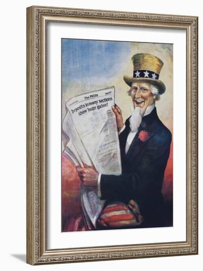 1920s American Banking Poster, Uncle Sam Deposits Show Huge Gains-null-Framed Giclee Print