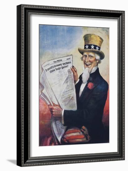 1920s American Banking Poster, Uncle Sam Deposits Show Huge Gains-null-Framed Giclee Print