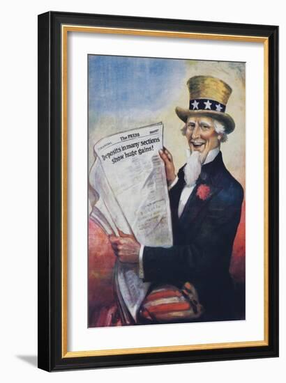 1920s American Banking Poster, Uncle Sam Deposits Show Huge Gains-null-Framed Giclee Print