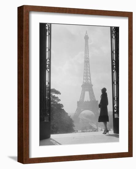 1920s Anonymous Silhouetted Woman Standing in Profile in the Trocadero across the Seine-null-Framed Photographic Print