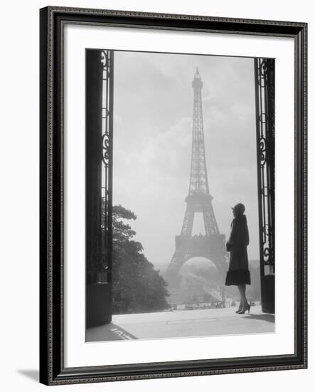 1920s Anonymous Silhouetted Woman Standing in Profile in the Trocadero across the Seine-null-Framed Premium Photographic Print
