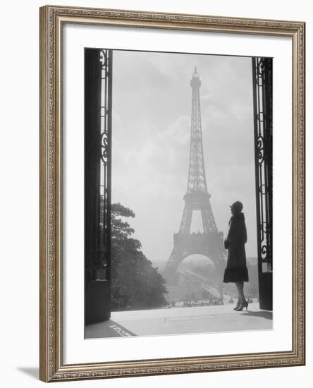 1920s Anonymous Silhouetted Woman Standing in Profile in the Trocadero across the Seine-null-Framed Premium Photographic Print