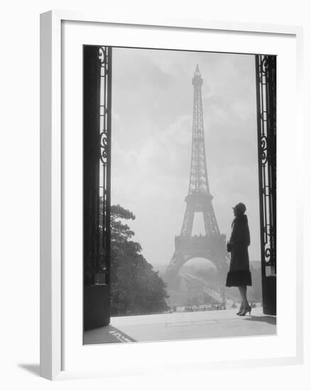 1920s Anonymous Silhouetted Woman Standing in Profile in the Trocadero across the Seine-null-Framed Premium Photographic Print