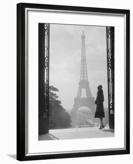 1920s Anonymous Silhouetted Woman Standing in Profile in the Trocadero across the Seine-null-Framed Premium Photographic Print