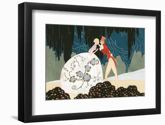 1920s ART DECO ILLUSTRATION COUPLE ABOUT TO KISS WOMAN WEARING WHITE SILVER BALLOON SHAPED GOWN...-H. Armstrong Roberts-Framed Photographic Print