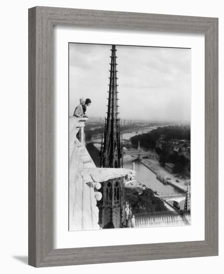 1920s Two Women Looking Out from Top of Notre Dame Cathedral Paris, France-null-Framed Photographic Print