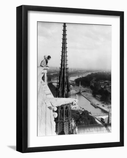 1920s Two Women Looking Out from Top of Notre Dame Cathedral Paris, France-null-Framed Photographic Print