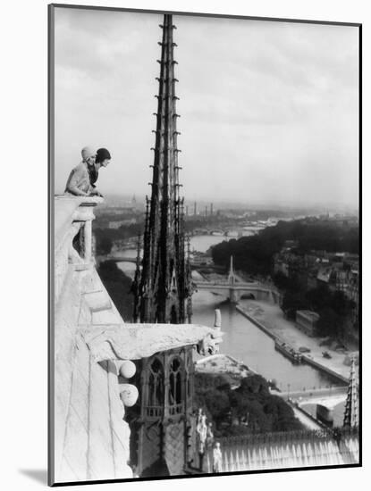 1920s Two Women Looking Out from Top of Notre Dame Cathedral Paris, France-null-Mounted Photographic Print