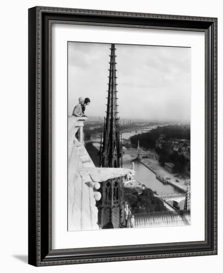 1920s Two Women Looking Out from Top of Notre Dame Cathedral Paris, France-null-Framed Photographic Print