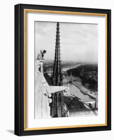 1920s Two Women Looking Out from Top of Notre Dame Cathedral Paris, France-null-Framed Photographic Print