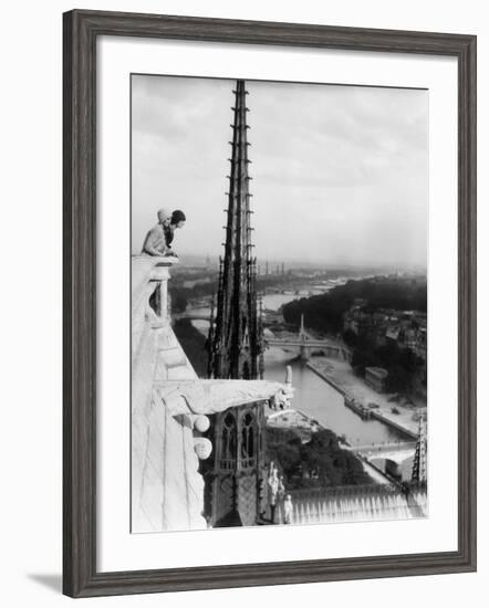 1920s Two Women Looking Out from Top of Notre Dame Cathedral Paris, France-null-Framed Photographic Print