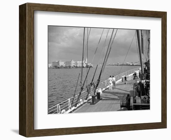 1930s-1940s Two Men on Deck of Steamer Ship Coming into Havana Harbor Cuba-null-Framed Photographic Print