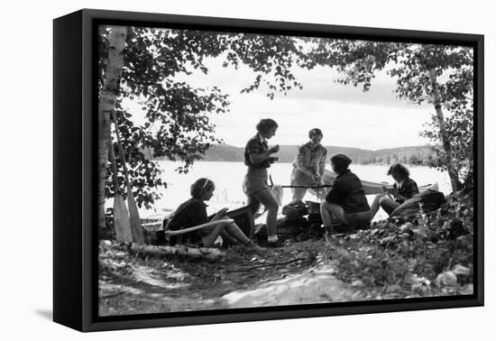 1930s 5 GIRLS AROUND CAMP FIRE NEAR LAKE CANOE SUMMER YOUTH ALGONQUIN PARK CANADA-H. Armstrong Roberts-Framed Premier Image Canvas