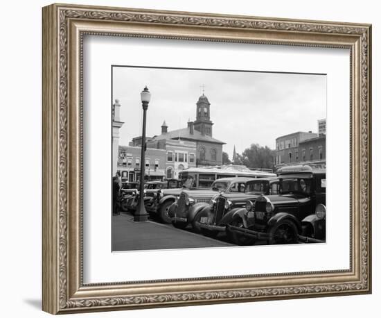 1930s Buses Cars Parked Small Town Square Claremont New Hampshire-null-Framed Photographic Print