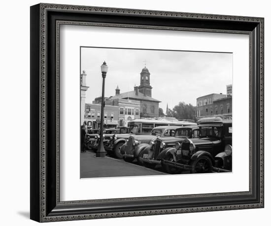 1930s Buses Cars Parked Small Town Square Claremont New Hampshire-null-Framed Photographic Print