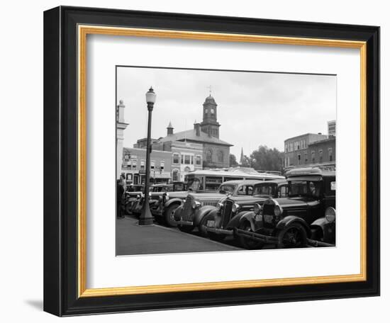 1930s Buses Cars Parked Small Town Square Claremont New Hampshire-null-Framed Photographic Print