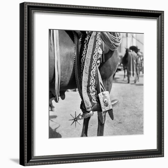 1930s Detail of Traditional Charro Cowboy Costume Embroidered Chaps Spurs Leather Boots in Horse-null-Framed Photographic Print