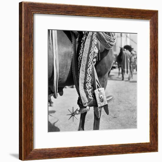 1930s Detail of Traditional Charro Cowboy Costume Embroidered Chaps Spurs Leather Boots in Horse-null-Framed Photographic Print