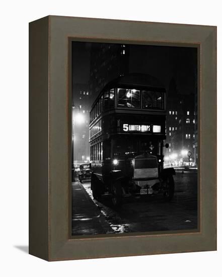 1930s Double Decker 5th Avenue Bus at Night Near Flatiron Building New York City-null-Framed Premier Image Canvas