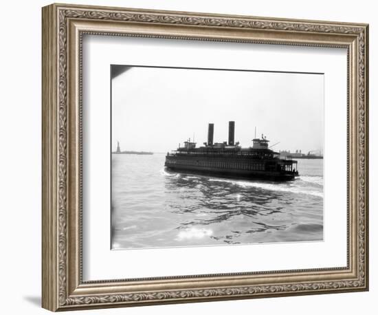 1930s Ferry Boat with Two Smoke Stacks Viewed from the Stern Statue of Liberty on Horizon New York-null-Framed Photographic Print