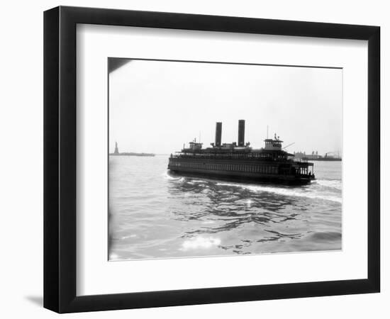 1930s Ferry Boat with Two Smoke Stacks Viewed from the Stern Statue of Liberty on Horizon New York-null-Framed Photographic Print