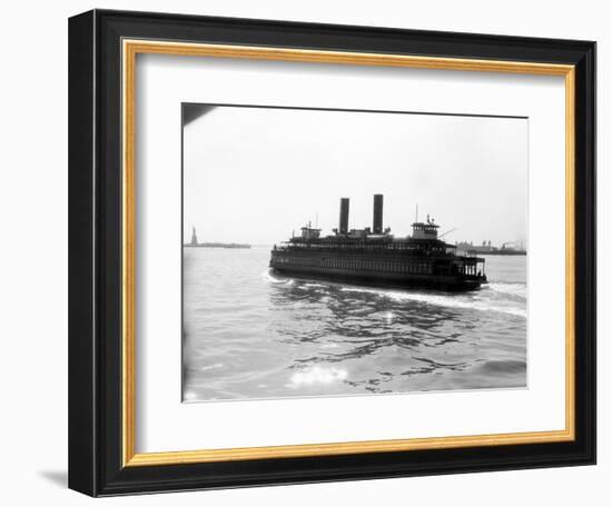 1930s Ferry Boat with Two Smoke Stacks Viewed from the Stern Statue of Liberty on Horizon New York-null-Framed Photographic Print