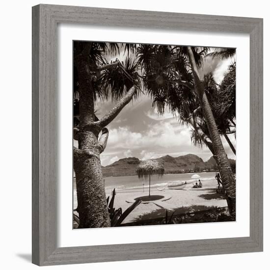 1930s Mountains Beach Relaxing Vacation Sun Sunshine Umbrella Boat Canoe Shore Clouds Silhouette-null-Framed Photographic Print