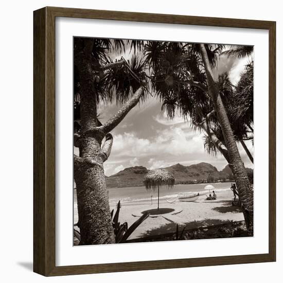 1930s Mountains Beach Relaxing Vacation Sun Sunshine Umbrella Boat Canoe Shore Clouds Silhouette-null-Framed Photographic Print