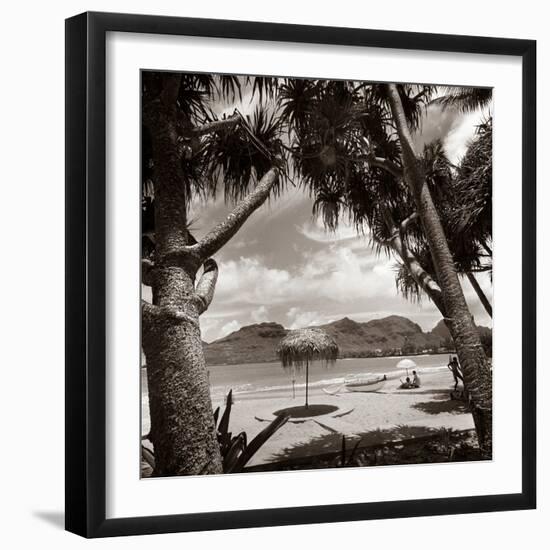 1930s Mountains Beach Relaxing Vacation Sun Sunshine Umbrella Boat Canoe Shore Clouds Silhouette-null-Framed Photographic Print