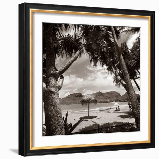 1930s Mountains Beach Relaxing Vacation Sun Sunshine Umbrella Boat Canoe Shore Clouds Silhouette-null-Framed Photographic Print