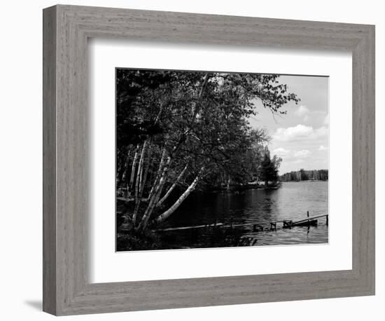 1930s Narrow Wooden Dock Jutting into Serene Lake-null-Framed Photographic Print