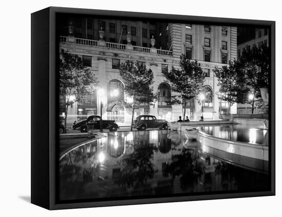 1930s Night Scene 5th Avenue Tree Lined Sidewalk Cars Anonymous Silhouetted Men Reflecting Water-null-Framed Premier Image Canvas