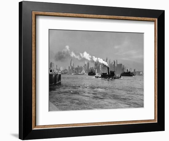 1933 Steam Engine Tug Boat and Staten Island Ferry Boats on Hudson River Against Manhattan-null-Framed Photographic Print