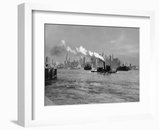 1933 Steam Engine Tug Boat and Staten Island Ferry Boats on Hudson River Against Manhattan-null-Framed Photographic Print