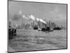 1933 Steam Engine Tug Boat and Staten Island Ferry Boats on Hudson River Against Manhattan-null-Mounted Photographic Print