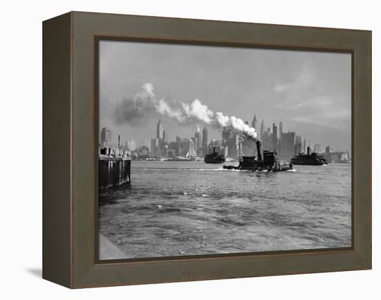 1933 Steam Engine Tug Boat and Staten Island Ferry Boats on Hudson River Against Manhattan-null-Framed Premier Image Canvas