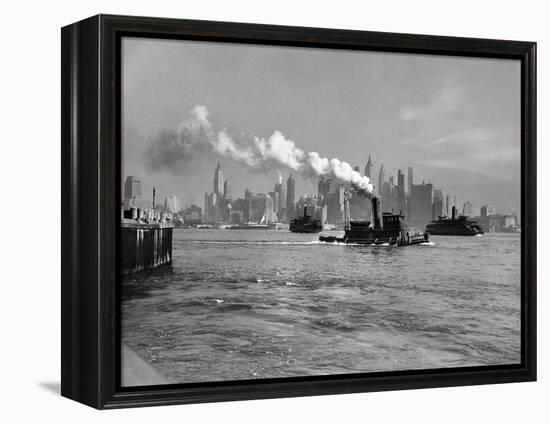 1933 Steam Engine Tug Boat and Staten Island Ferry Boats on Hudson River Against Manhattan-null-Framed Premier Image Canvas