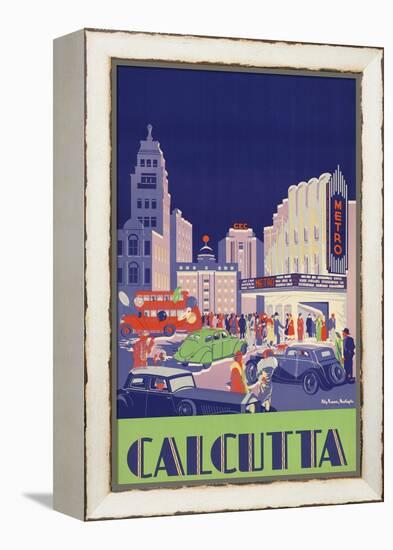 1938 Travel Poster Shows People Gathered by the Newly Opened Metro Cinema in Calcutta-null-Framed Stretched Canvas
