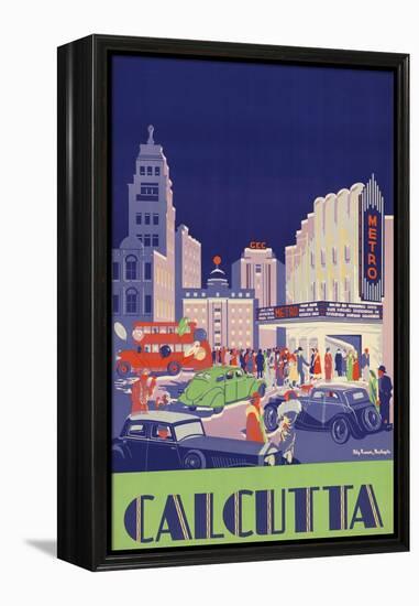 1938 Travel Poster Shows People Gathered by the Newly Opened Metro Cinema in Calcutta-null-Framed Stretched Canvas