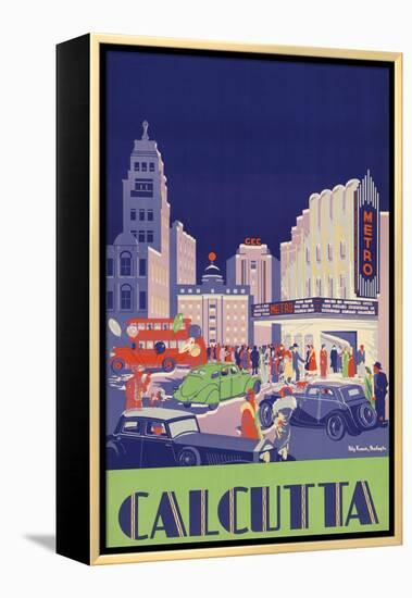 1938 Travel Poster Shows People Gathered by the Newly Opened Metro Cinema in Calcutta-null-Framed Stretched Canvas