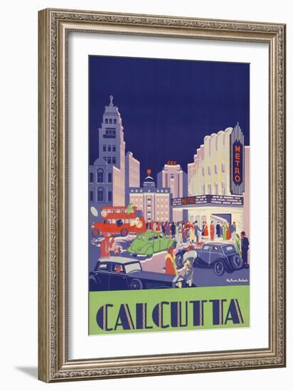 1938 Travel Poster Shows People Gathered by the Newly Opened Metro Cinema in Calcutta-null-Framed Art Print