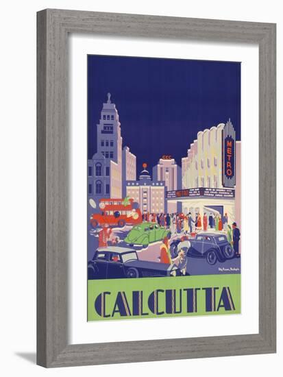 1938 Travel Poster Shows People Gathered by the Newly Opened Metro Cinema in Calcutta-null-Framed Art Print