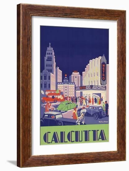 1938 Travel Poster Shows People Gathered by the Newly Opened Metro Cinema in Calcutta-null-Framed Art Print