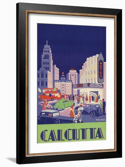 1938 Travel Poster Shows People Gathered by the Newly Opened Metro Cinema in Calcutta-null-Framed Art Print