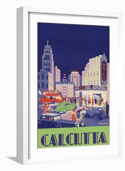 1938 Travel Poster Shows People Gathered by the Newly Opened Metro Cinema in Calcutta-null-Framed Art Print