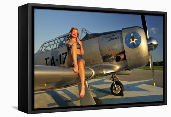 1940's Pin-Up Girl Sitting on the Wing of a World War II T-6 Texan-null-Framed Premier Image Canvas